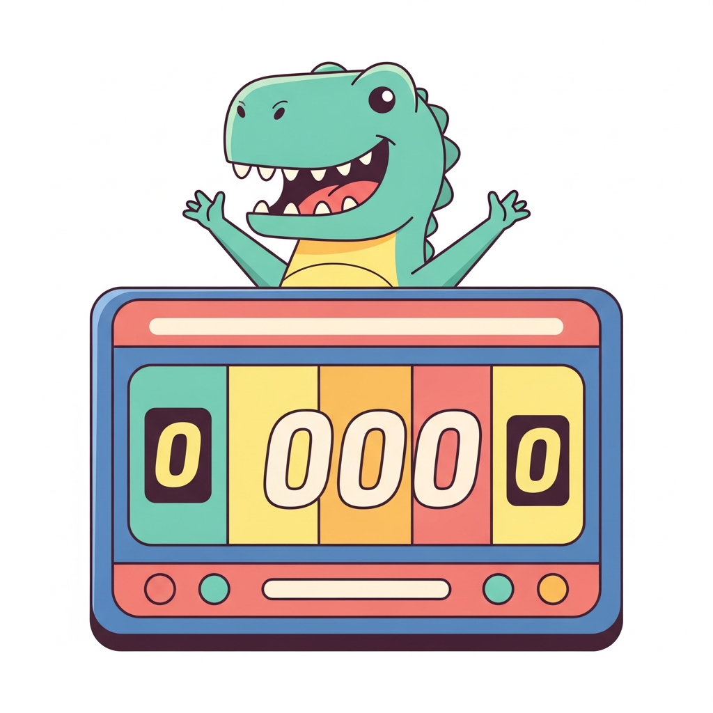 Retro arcade scoreboard with a T-rex at the top
