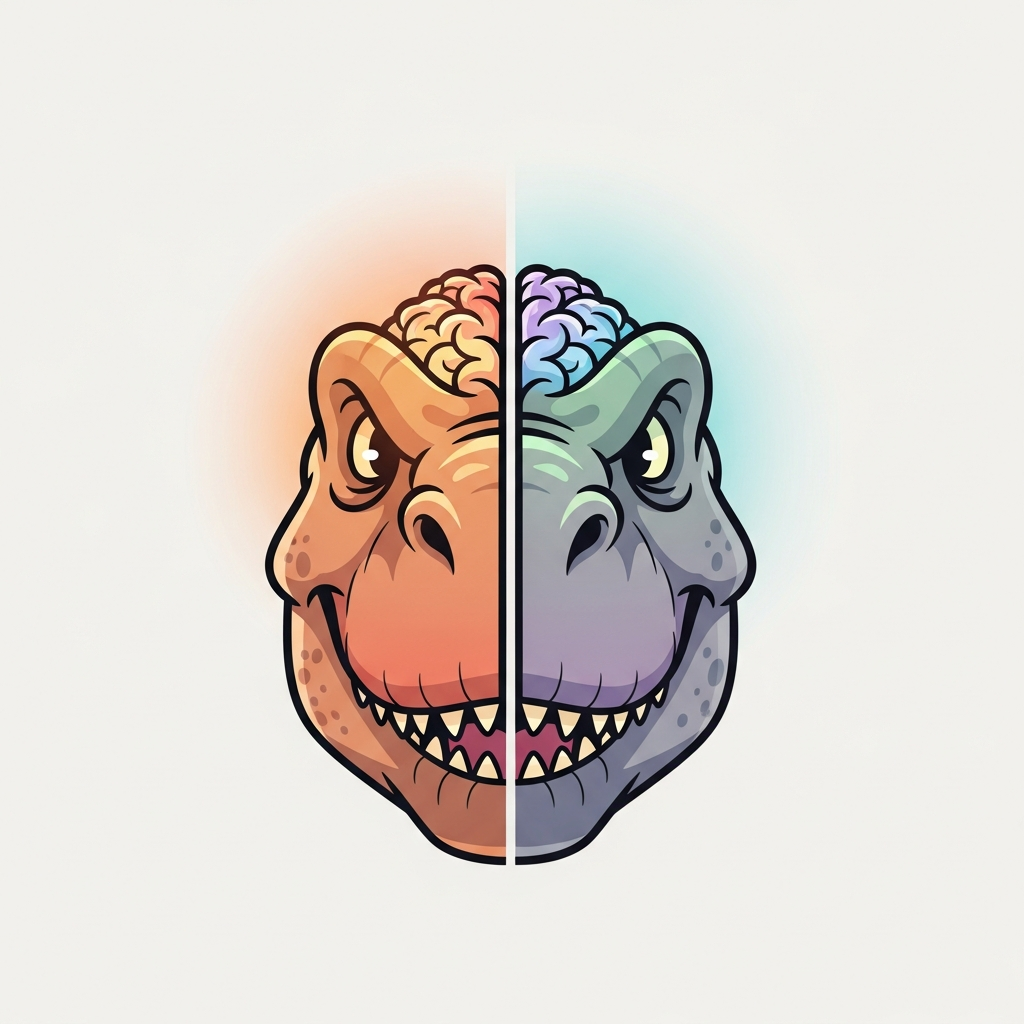 Split illustration of a T-rex head with two glowing half-brains