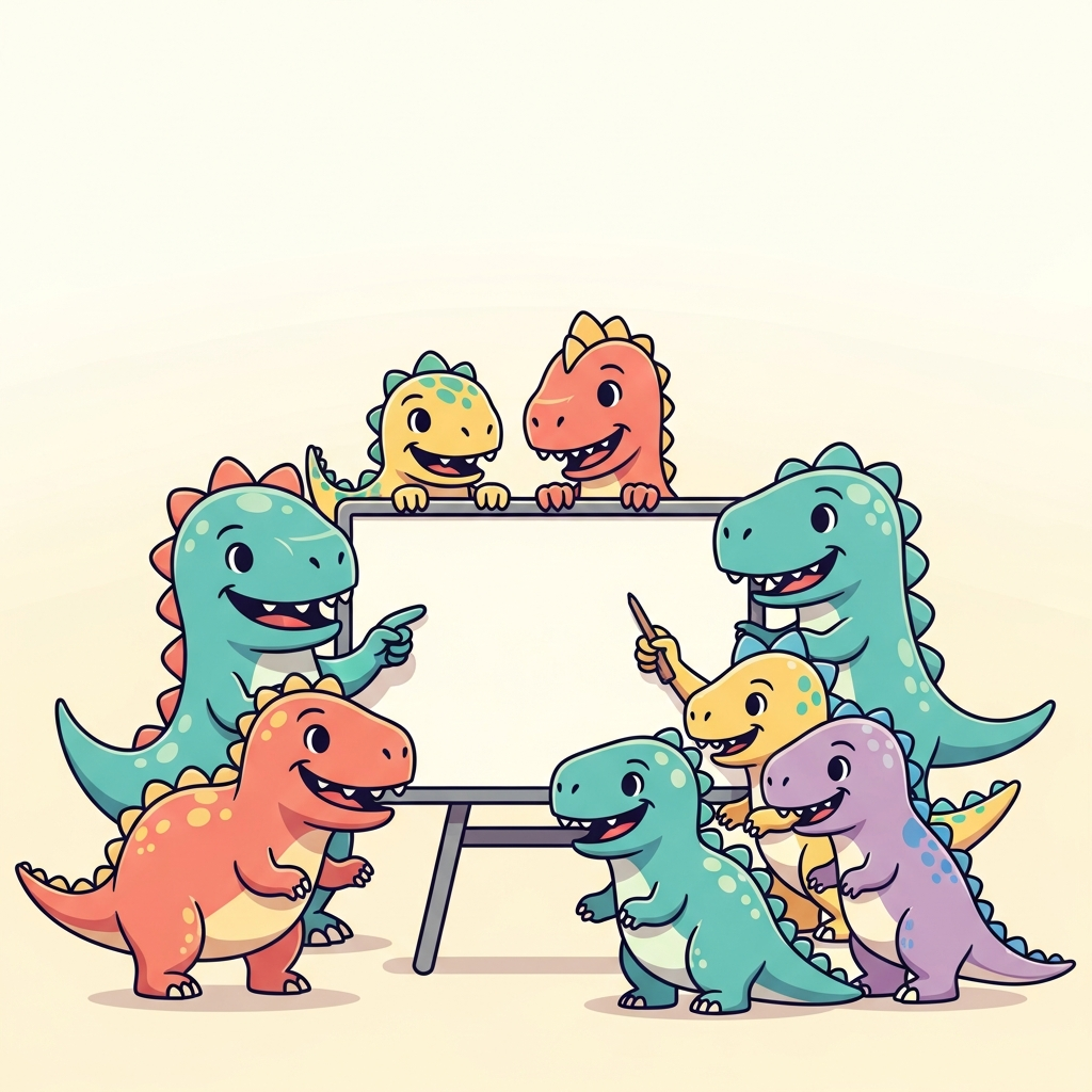 A small friendly pack of dinosaurs of different colors around a whiteboard