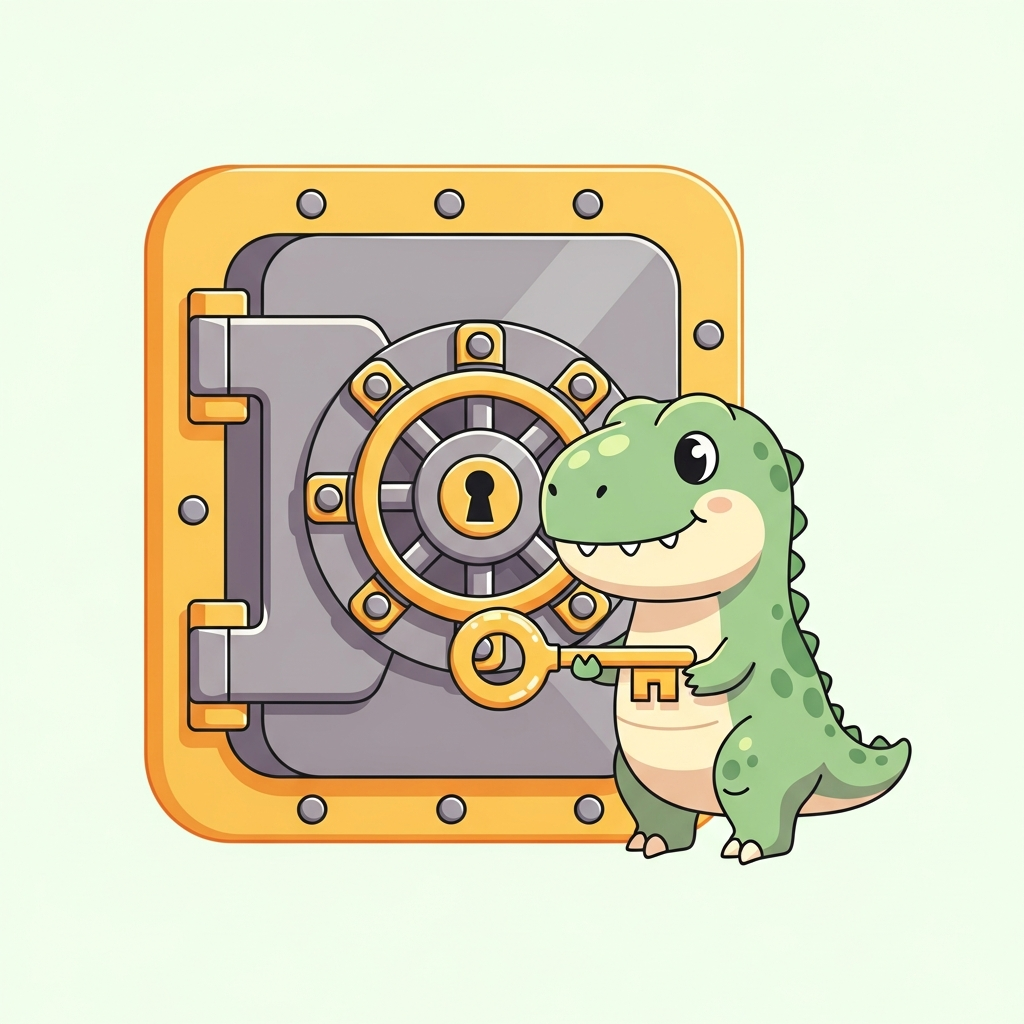 A small T-rex guarding a locked vault — TaskZilla's privacy mascot