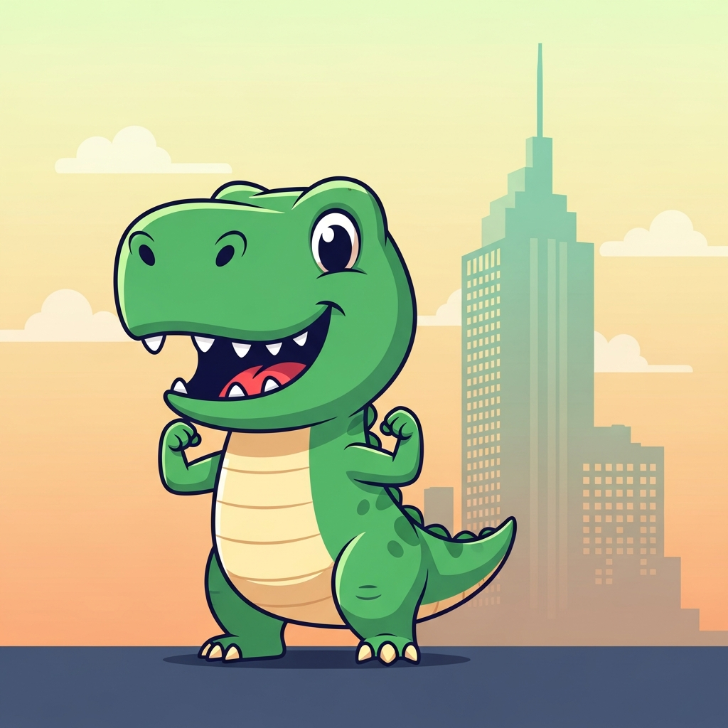 Cartoon T-rex flexing tiny arms with a large office tower behind him